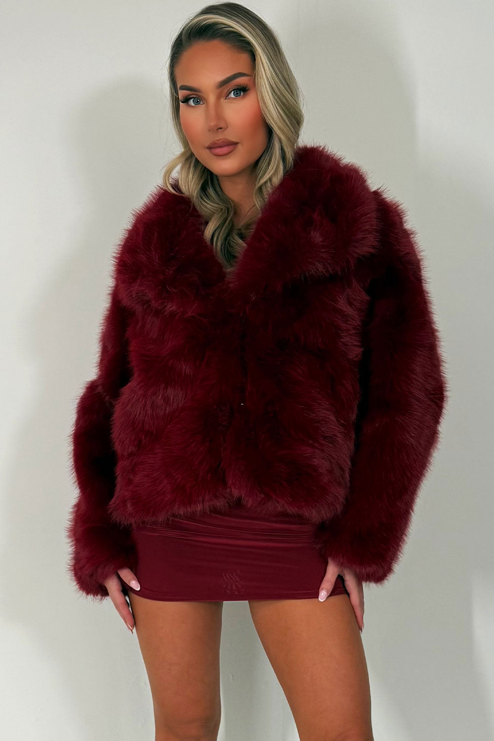 Faux Fur Jacket Collared Burgundy