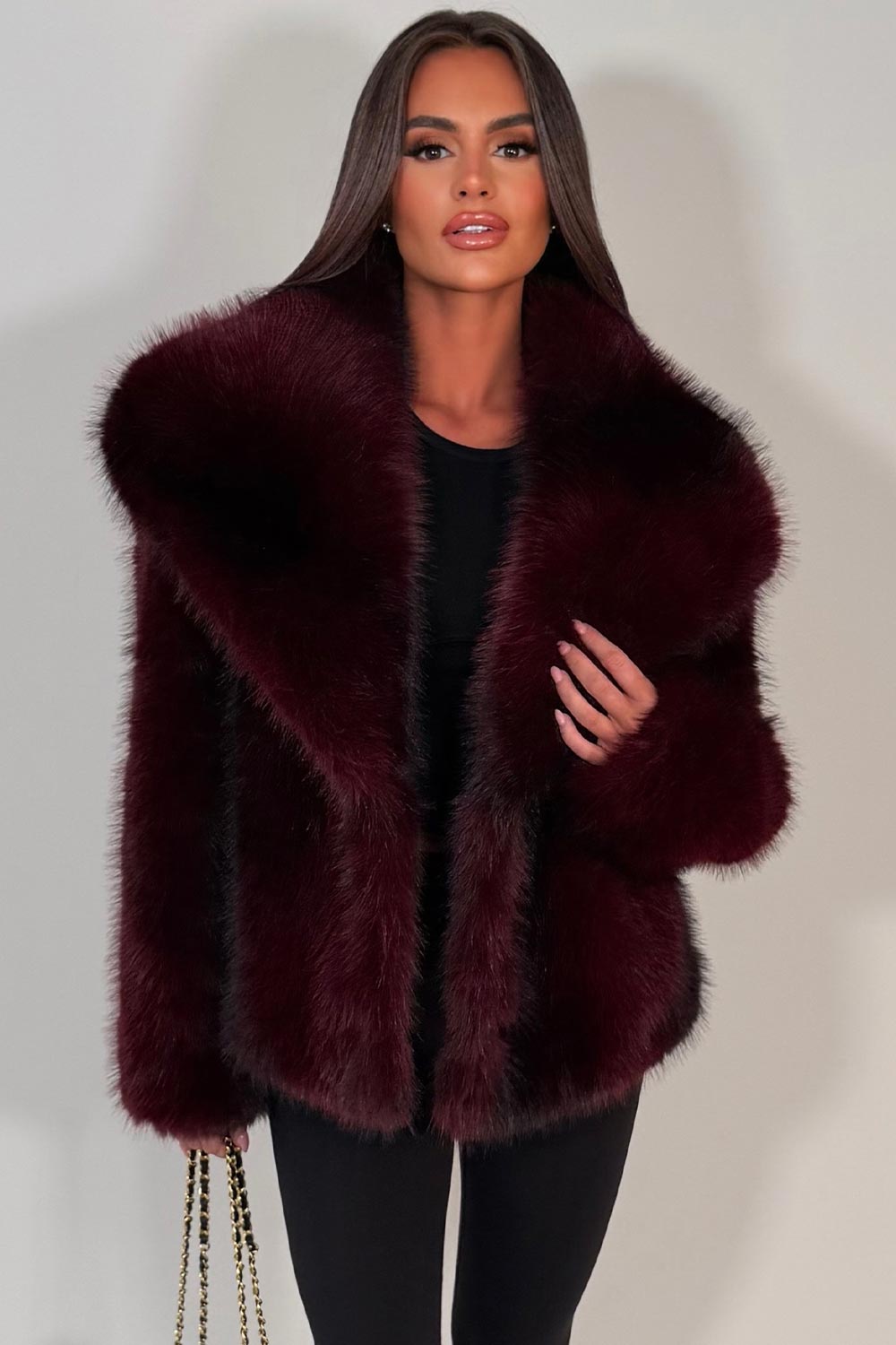 Faux Fur Jacket Collared Burgundy Colourway