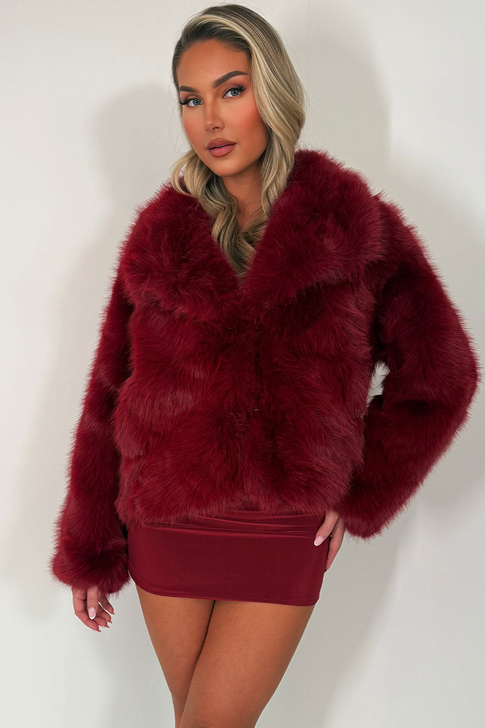 Faux Fur Jacket Collared Burgundy