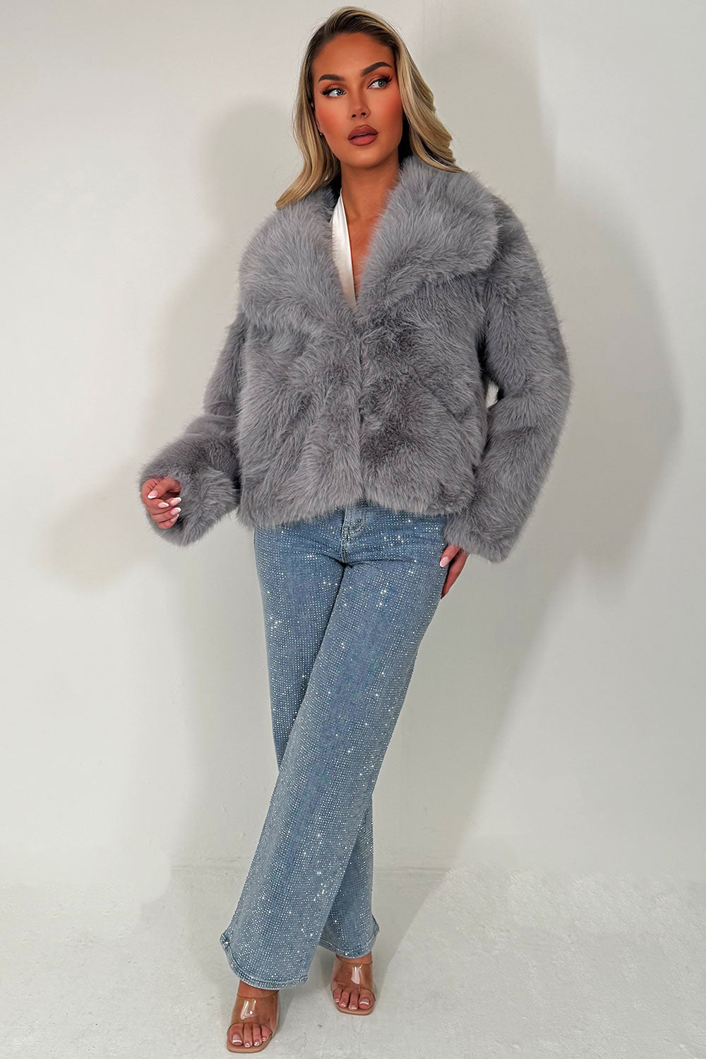 Faux Fur Jacket Collared Grey