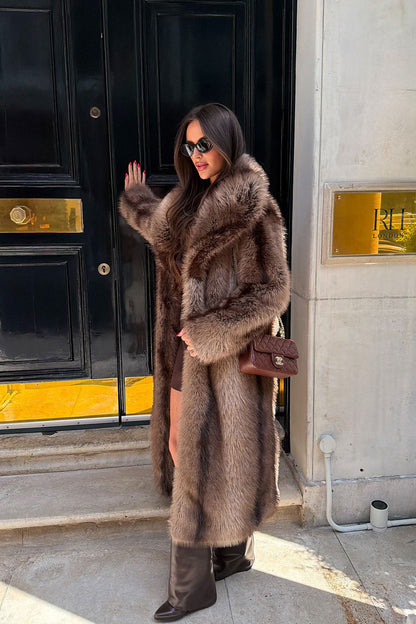 Long Faux Fur Coat With Collar Brown
