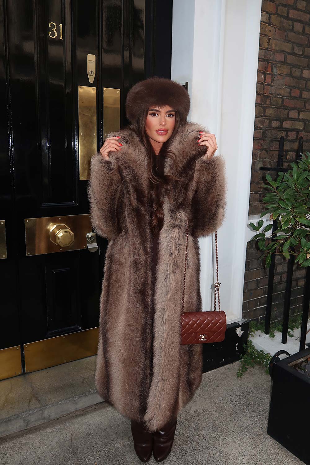 Long Faux Fur Coat With Collar Brown