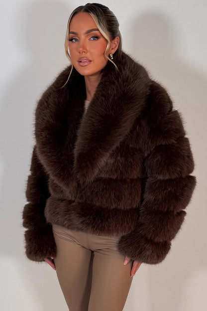 Faux Fur Coat With Collar Brown