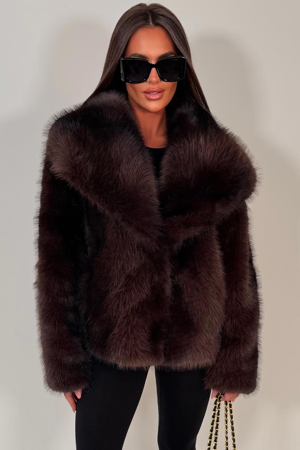 Faux Fur Jacket Collared Brown Colourway