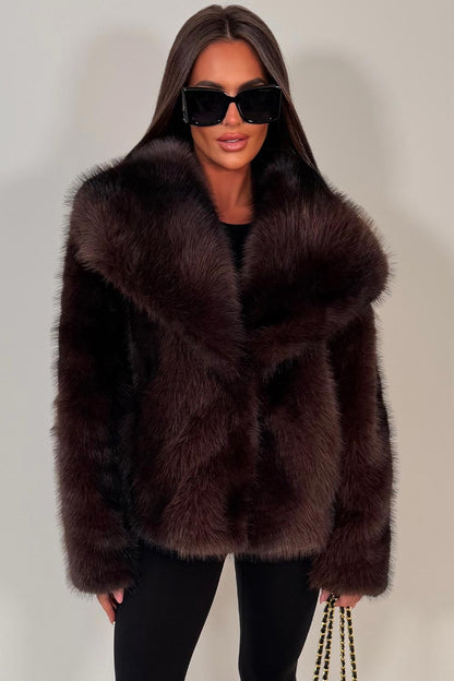 Faux Fur Jacket Collared Brown Colourway