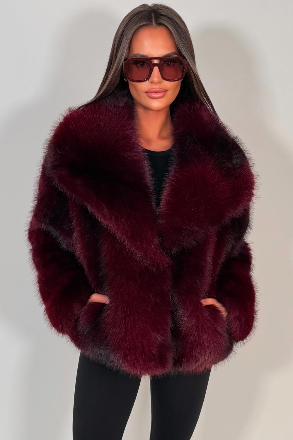 Faux Fur Jacket Collared Burgundy Colourway