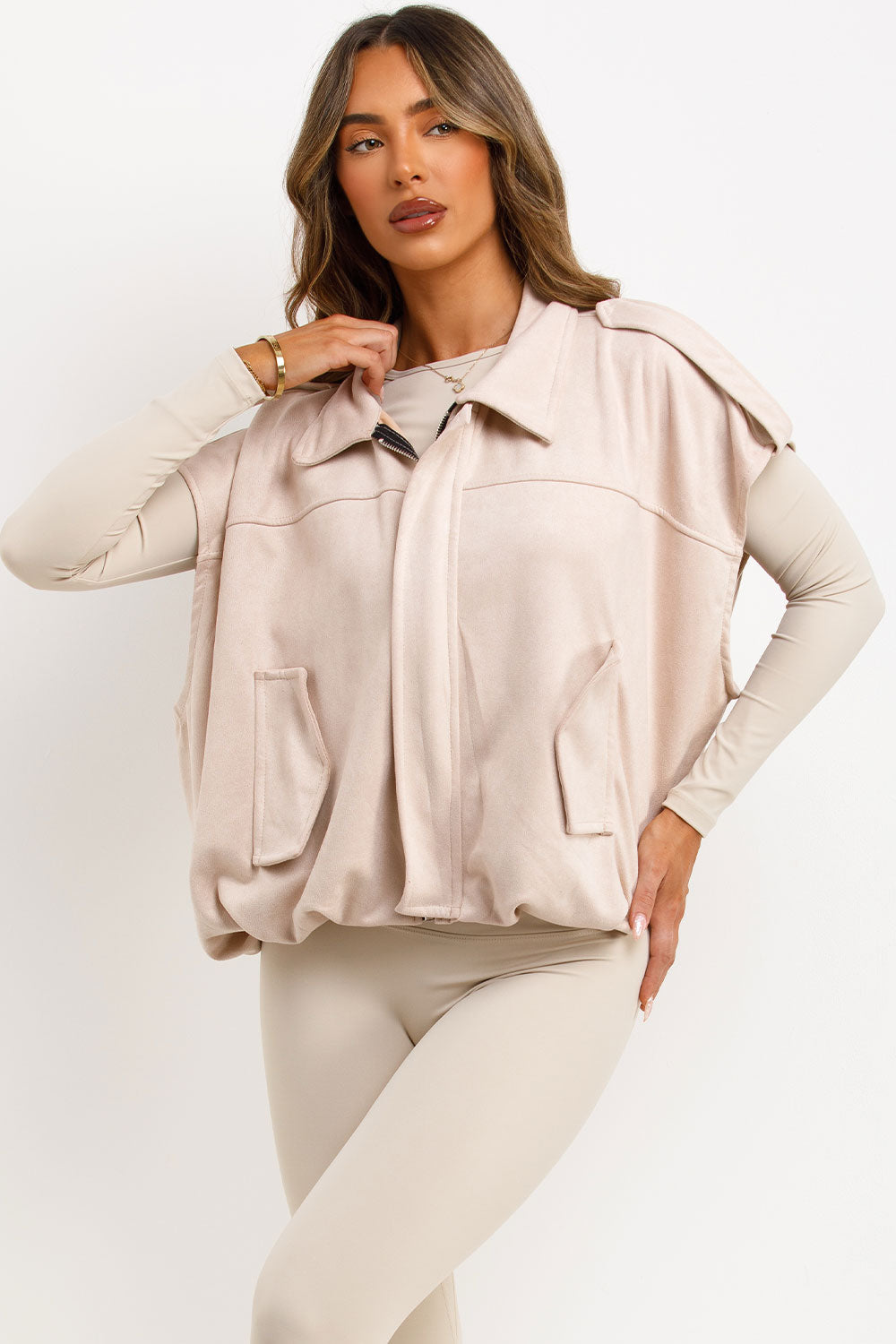 Faux Suede Crop Gilet With Tabs Beige