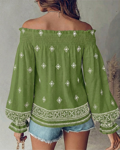Vintage Tribal Placement Print Shirred Off Shoulder Flared Cuffs Blouse Casual Frill Trim Boho Top
