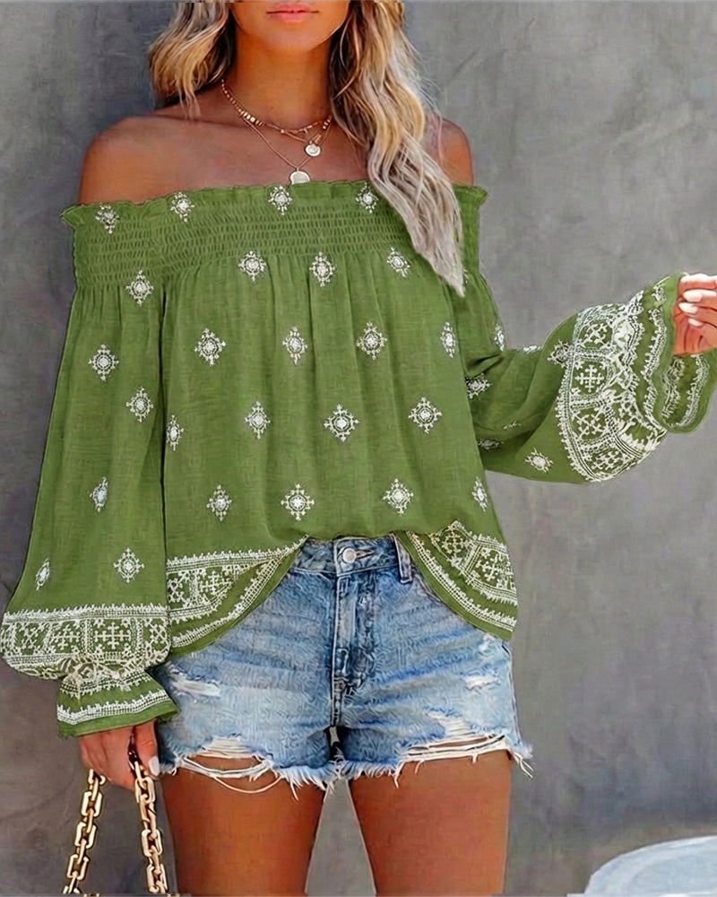 Vintage Tribal Placement Print Shirred Off Shoulder Flared Cuffs Blouse Casual Frill Trim Boho Top