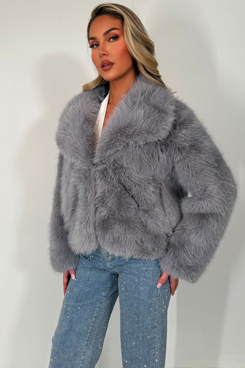 Faux Fur Jacket Collared Grey