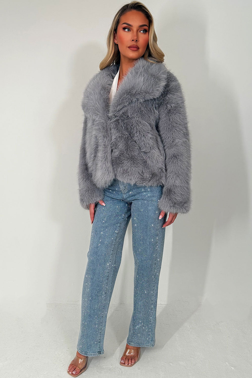 Faux Fur Jacket Collared Grey