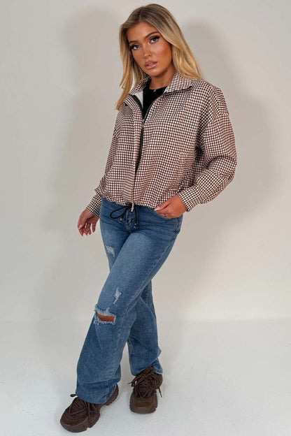 Brown Checked Jacket With Drawstring Hem