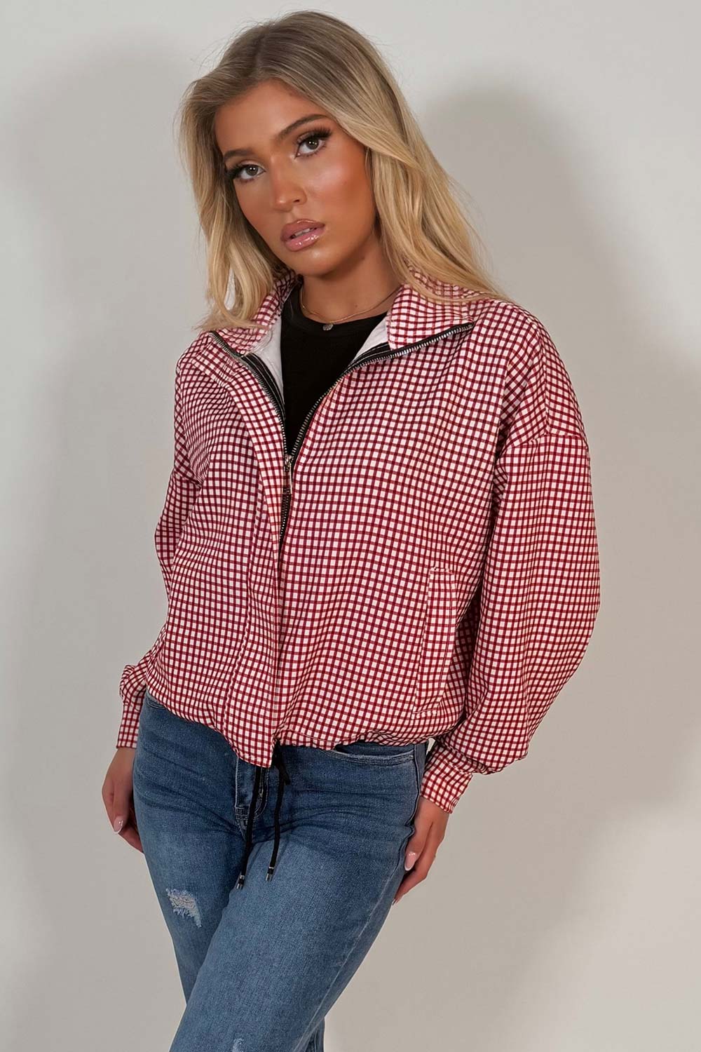 Red Checked Jacket With Drawstring Hem