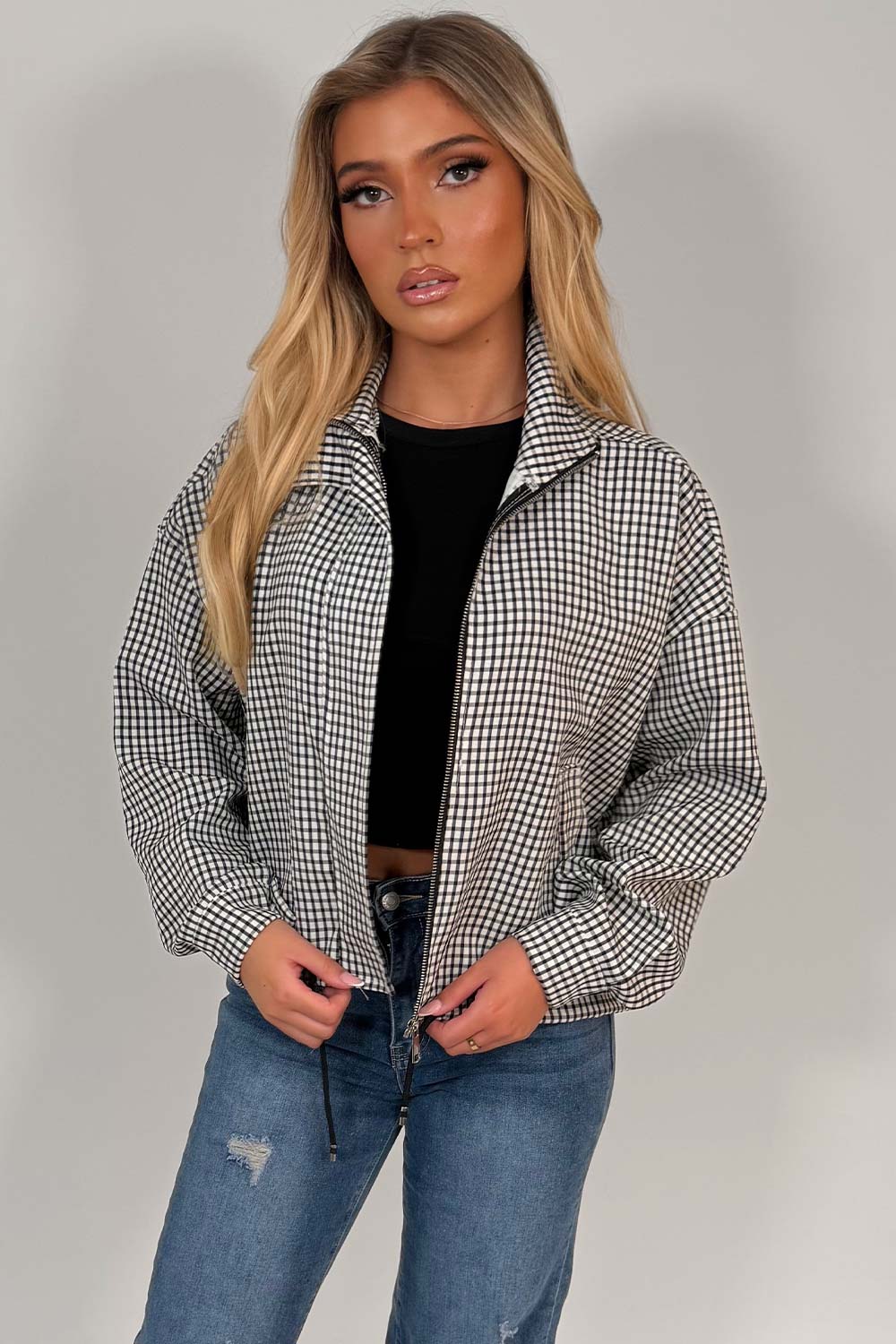 Checked Jacket With Drawstring Hem Black & White