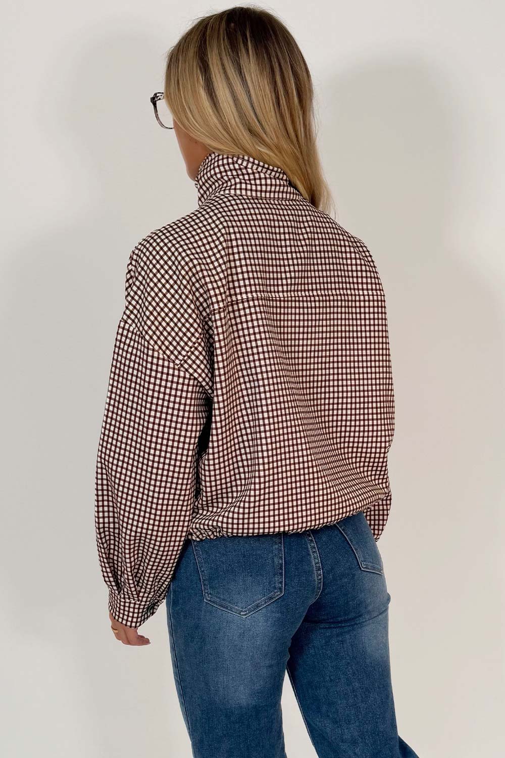 Brown Checked Jacket With Drawstring Hem