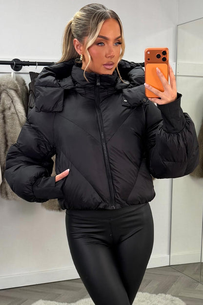 Black Puffer Padded Jacket With Hood