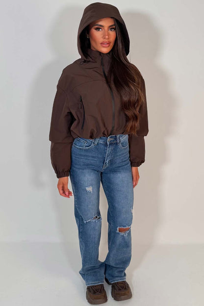 Brown Crop Padded Jacket With Hood