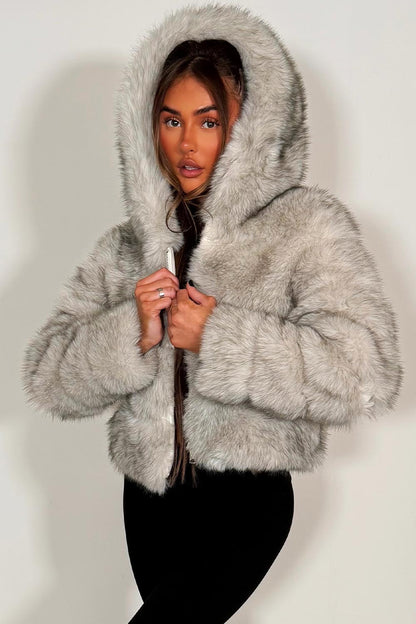 Grey Faux Fur Jacket With Hood