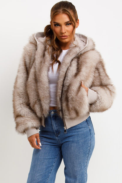 Fur Coat With Hood Beige