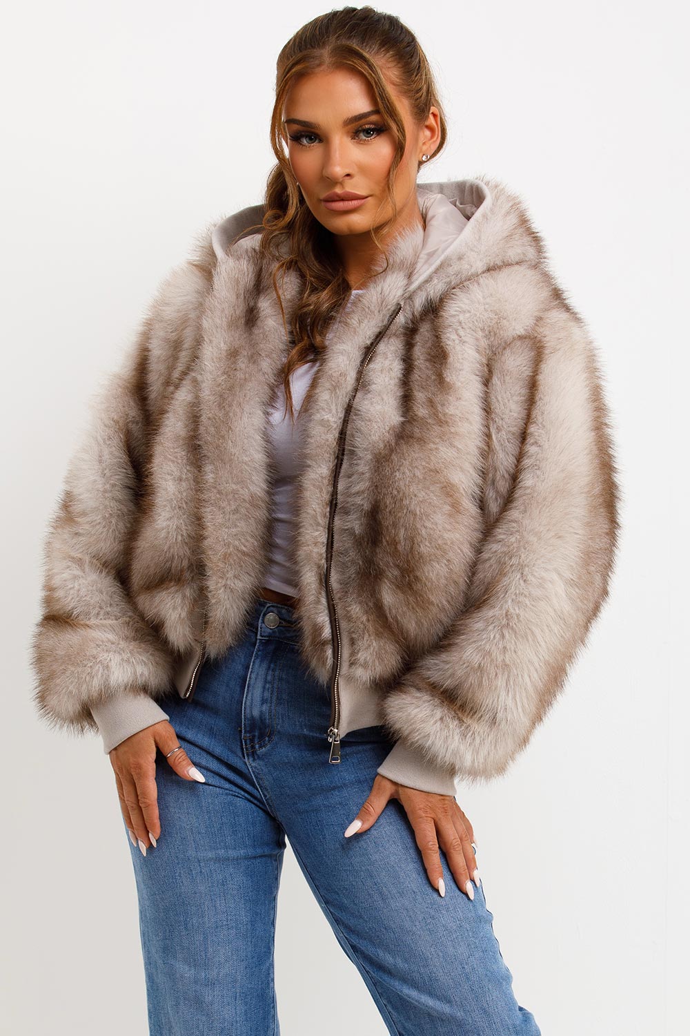 Fur Coat With Hood Beige
