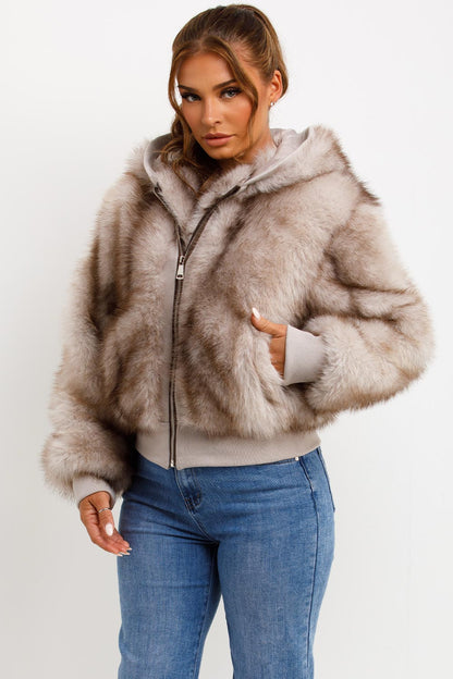 Fur Coat With Hood Beige