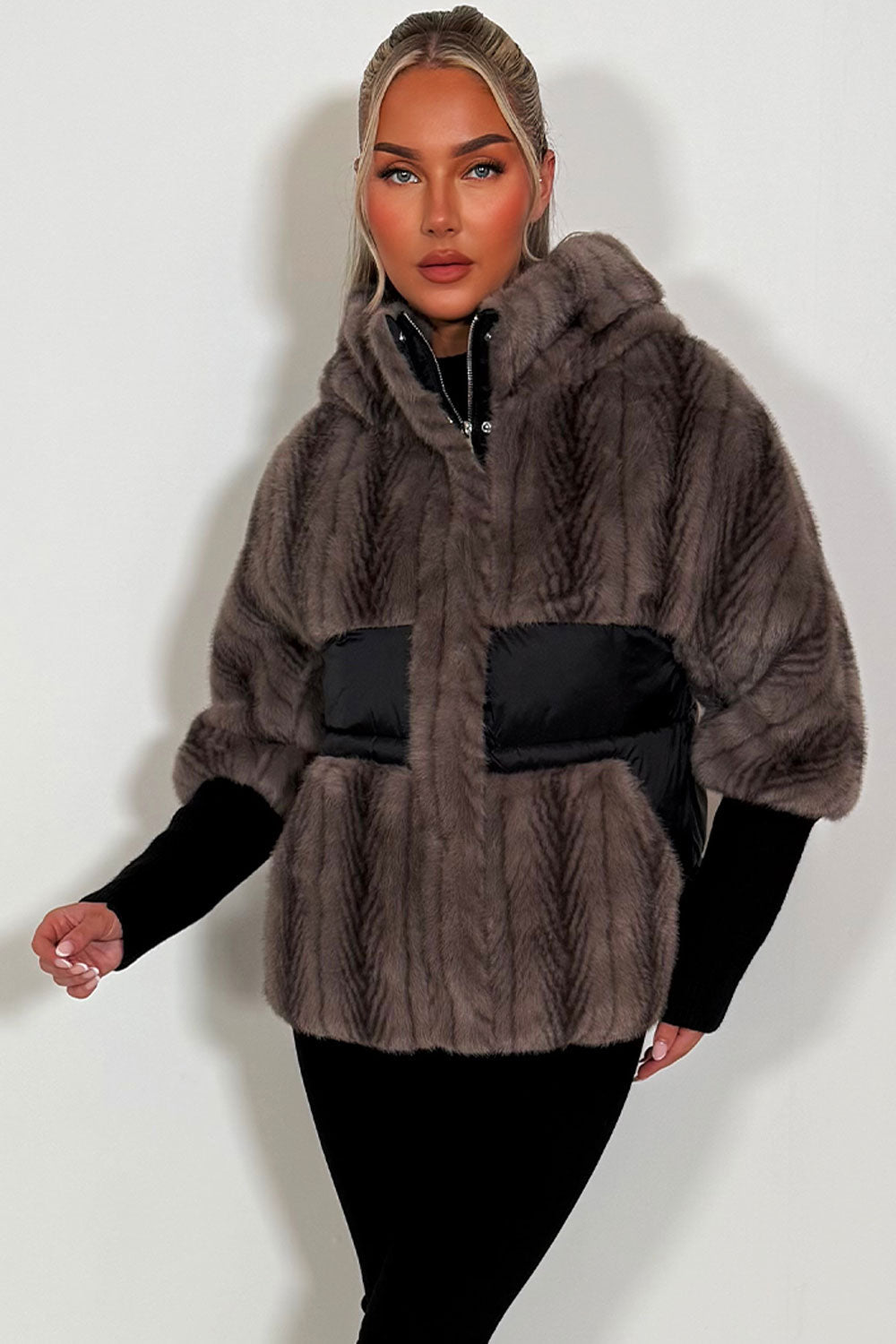 Faux Fur Jacket With Hood Taupe