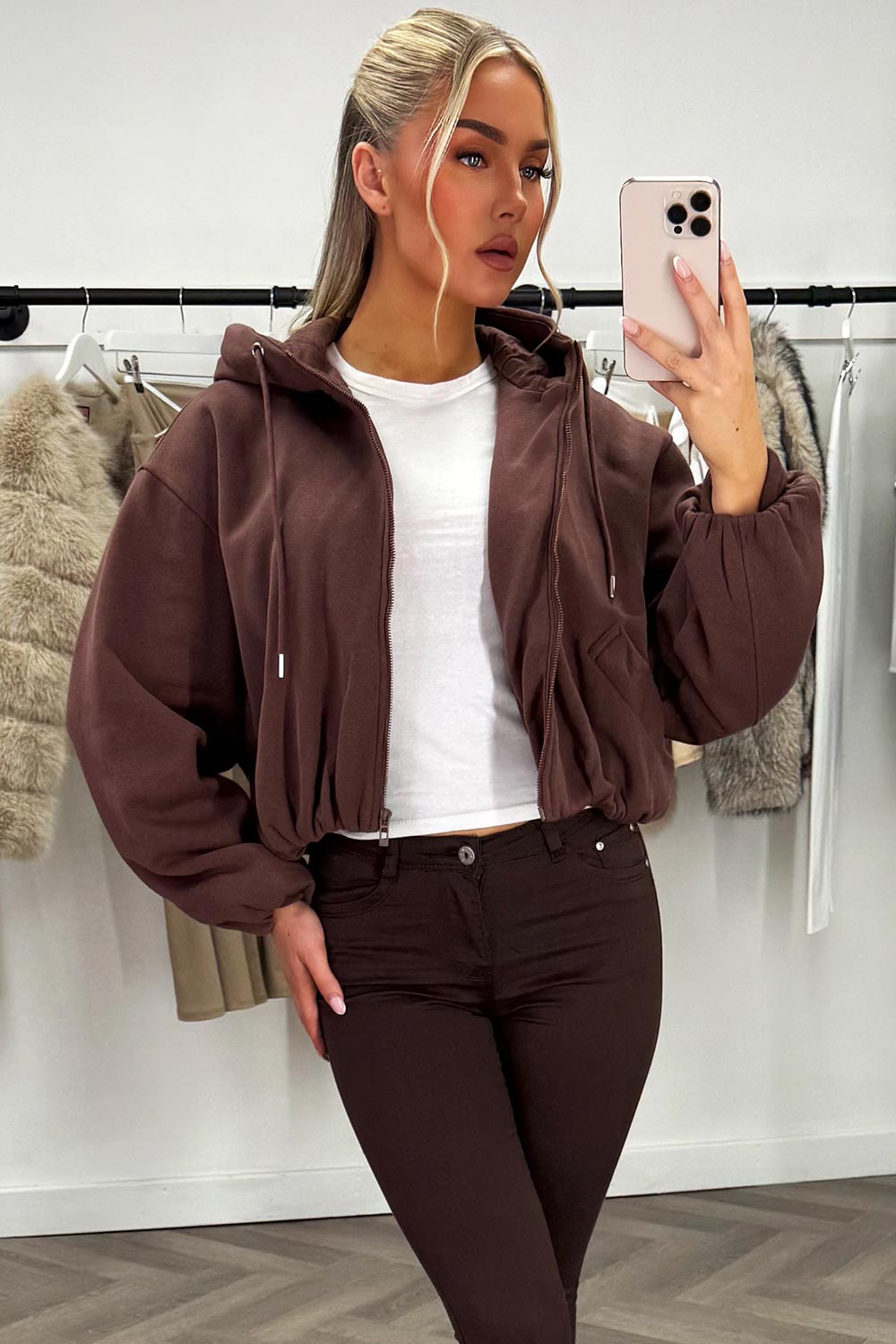 Hooded Jacket With Elastic Hem Brown