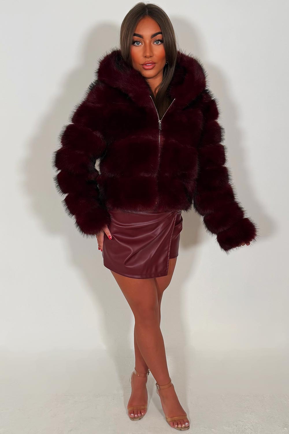 Burgundy Faux Fur Jacket With Hood