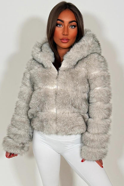 Grey Faux Fur Jacket With Hood