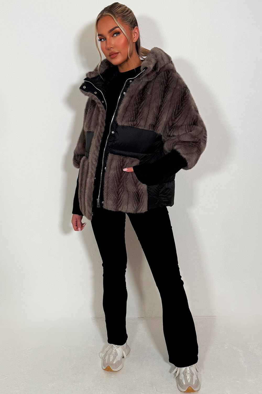 Faux Fur Jacket With Hood Taupe