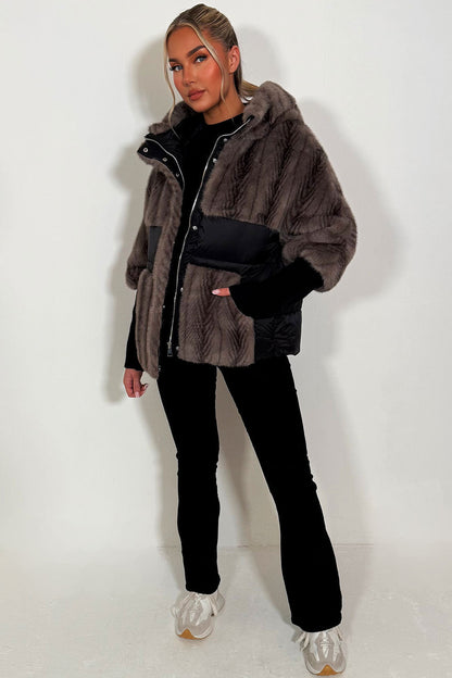 Faux Fur Jacket With Hood Taupe