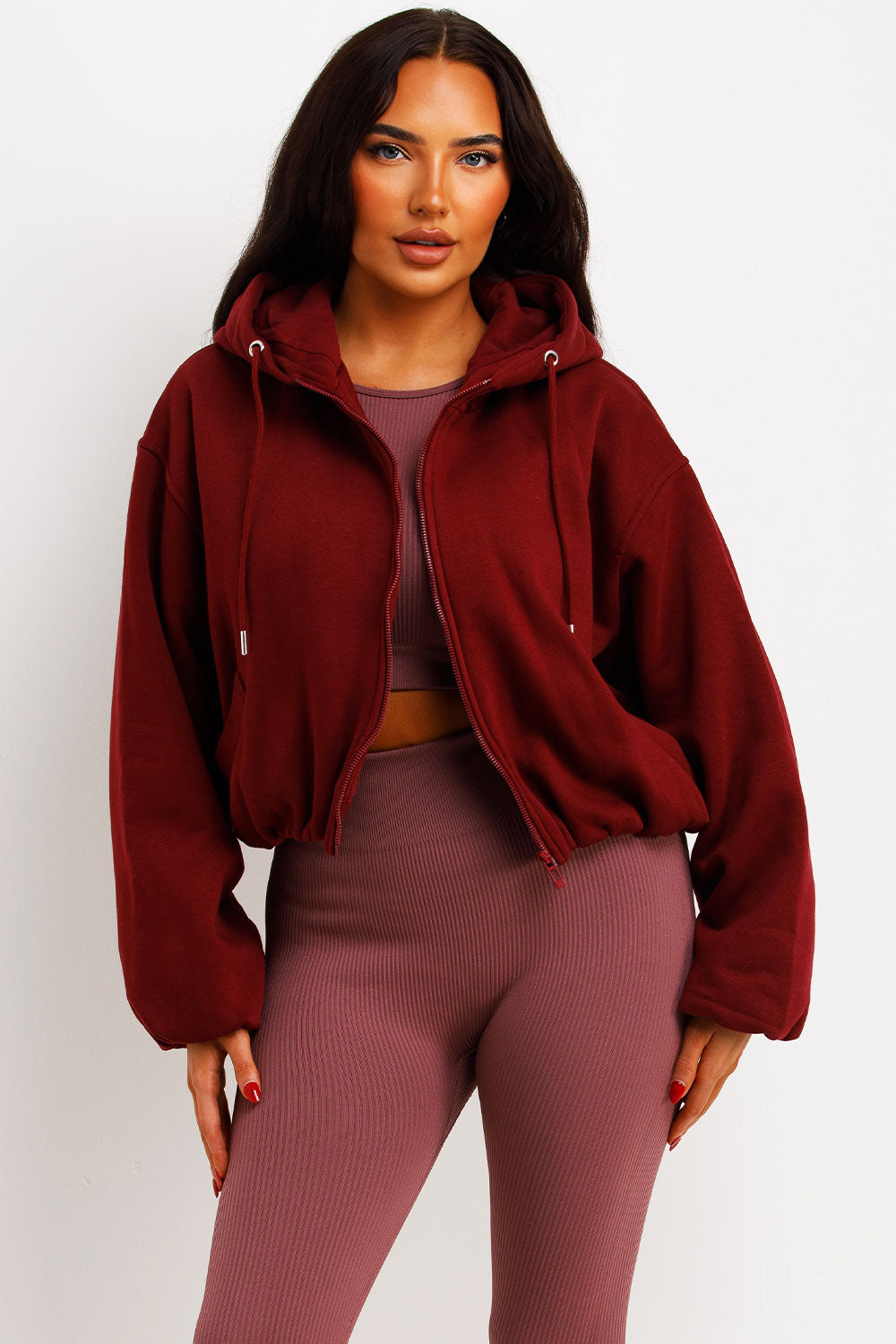 Hooded Jacket With Elastic Hem Burgundy