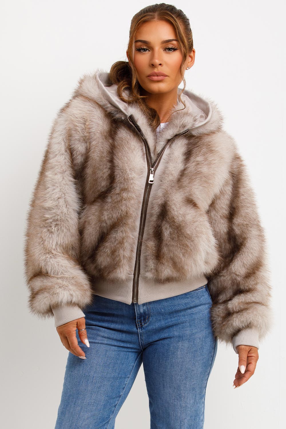 Fur Coat With Hood Beige