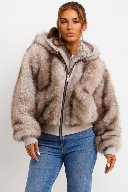 Fur Coat With Hood Beige