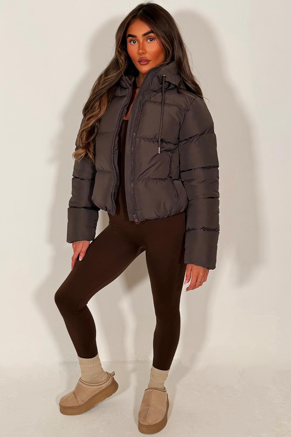 Hooded Puffer Jacket Brown