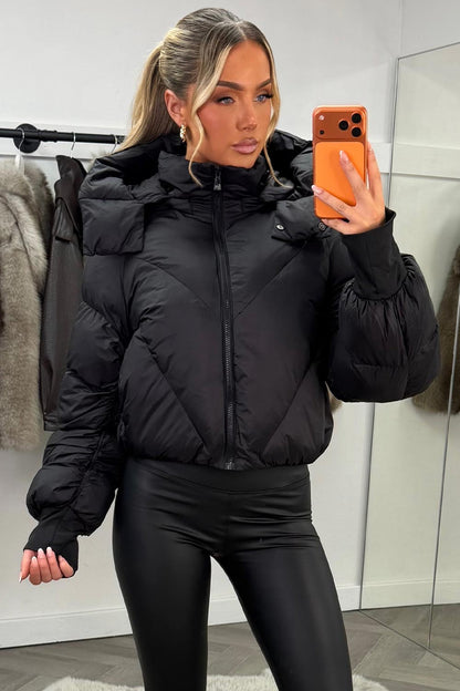 Black Puffer Padded Jacket With Hood