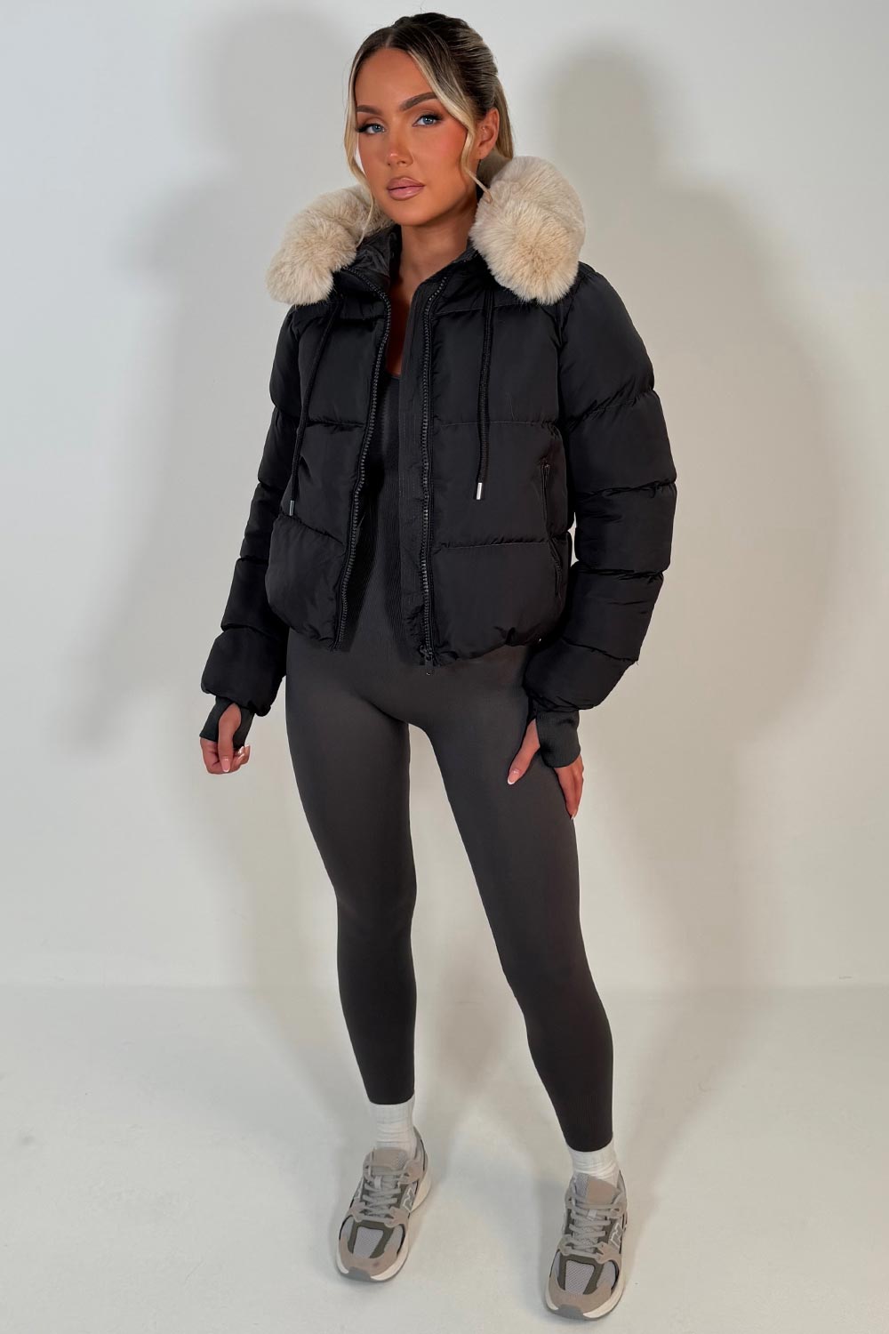 Puffer Jacket With Fur Hood Charcoal Grey