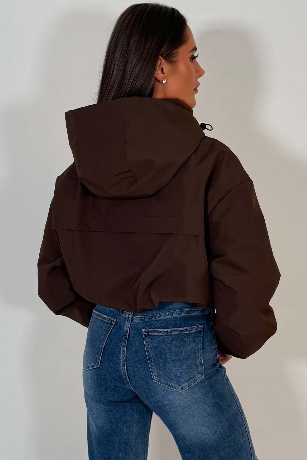 Brown Crop Padded Jacket With Hood