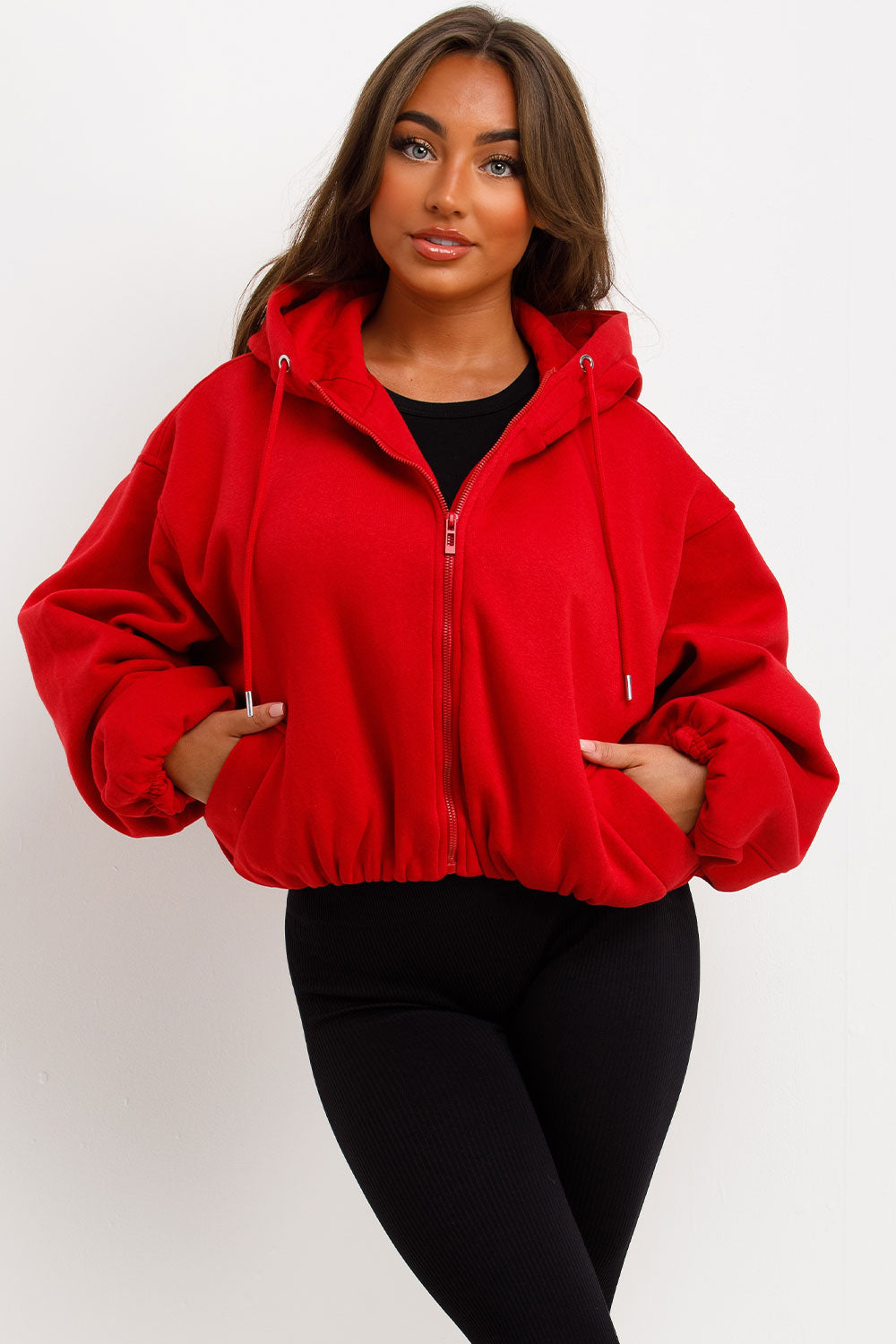 Hooded Jacket With Elastic Hem Red