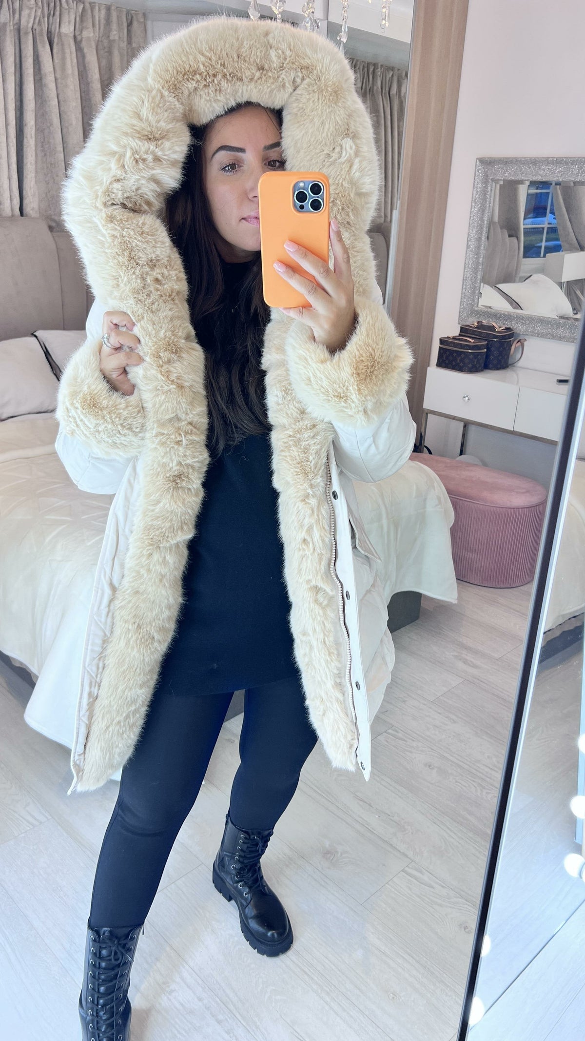 Vienna Beige Luxury Faux Fur Trim Coat