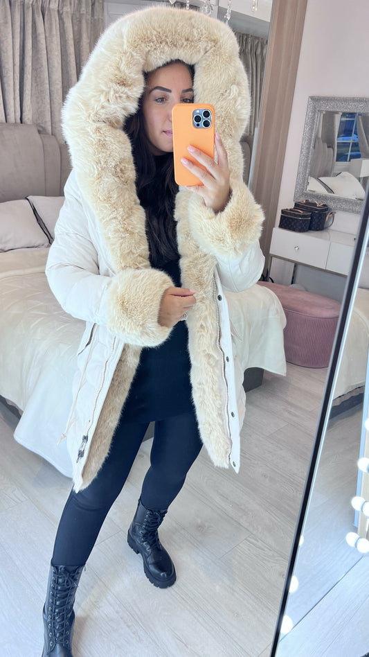 Vienna Beige Luxury Faux Fur Trim Coat