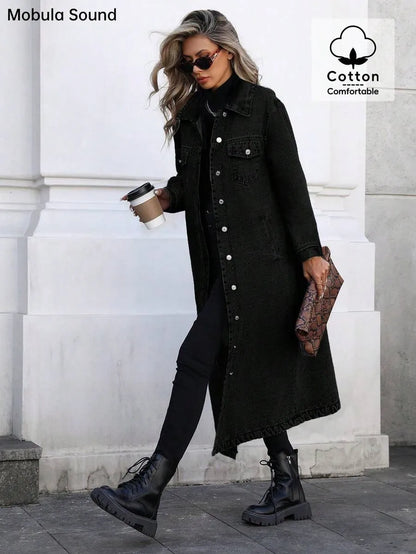 Women's Button Front Denim Coat, Elegant Casual Long Sleeve Denim Jacket for Spring & Fall, Women's Clothing for Daily Wear, Outerwear