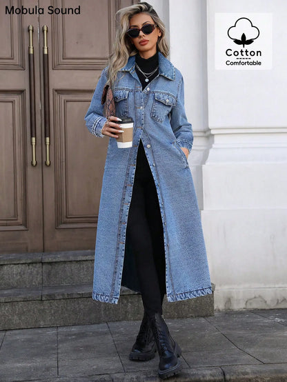 Women's Button Front Denim Coat, Elegant Casual Long Sleeve Denim Jacket for Spring & Fall, Women's Clothing for Daily Wear, Outerwear