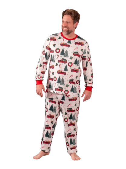 Superb white pajamas with Christmas trees red trucks motifs for all the family
