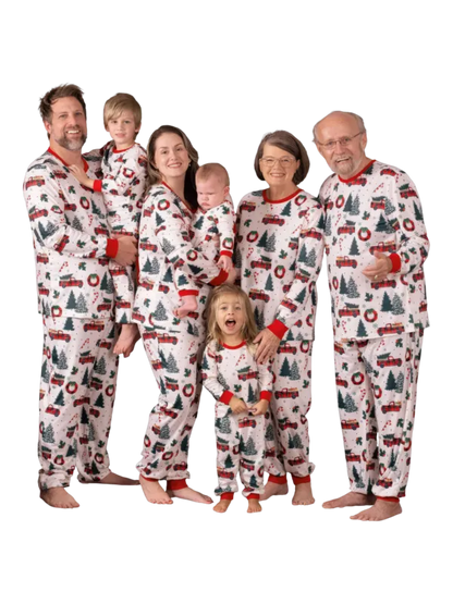 Superb white pajamas with Christmas trees red trucks motifs for all the family