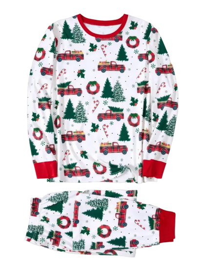 Superb white pajamas with Christmas trees red trucks motifs for all the family