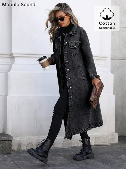 Women's Button Front Denim Coat, Elegant Casual Long Sleeve Denim Jacket for Spring & Fall, Women's Clothing for Daily Wear, Outerwear