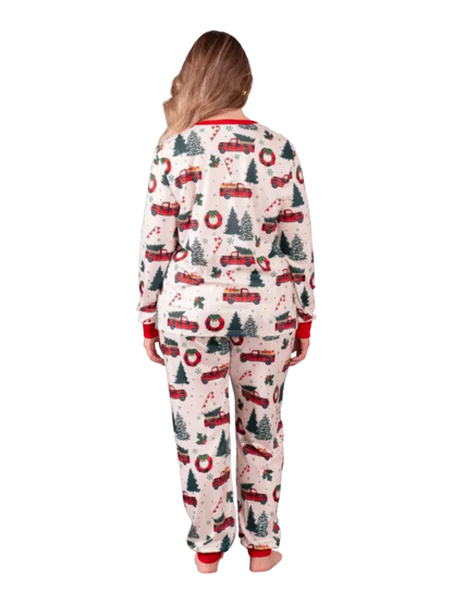 Superb white pajamas with Christmas trees red trucks motifs for all the family