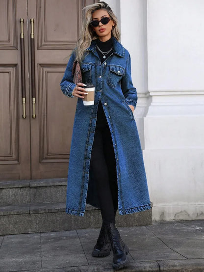 Women's Button Front Denim Coat, Elegant Casual Long Sleeve Denim Jacket for Spring & Fall, Women's Clothing for Daily Wear, Outerwear