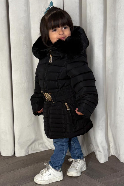 Girls Black Puffer Jacket With Faux Fur Hood And Gold Belt